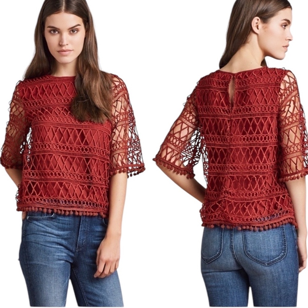 Tularosa Cannes Embroidered Lace Pompom Bell Sleeve Top in Clay Red - XS